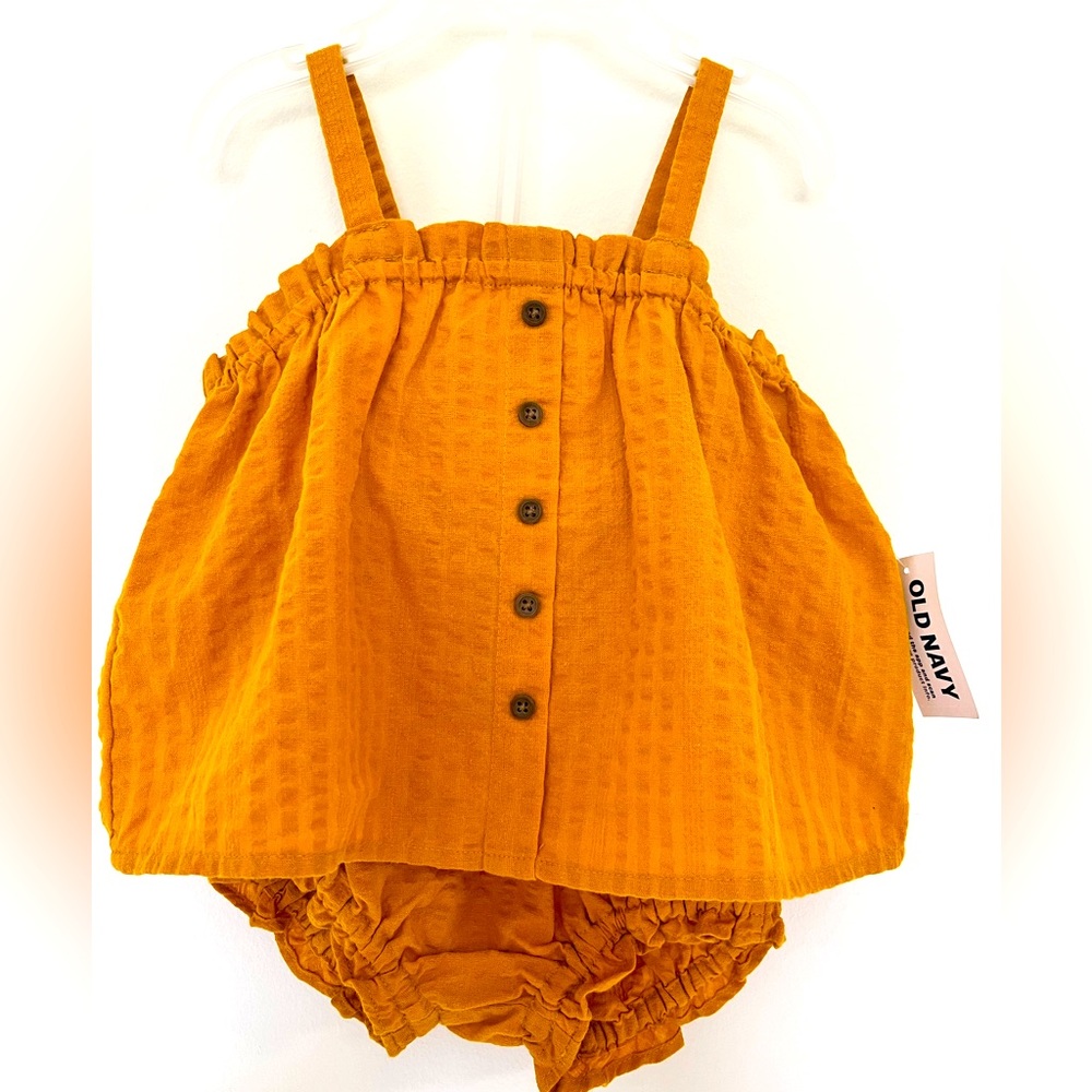 Old Navy Mustard Textured Seersucker Button Front Top & Bottom Set for Girl NWT